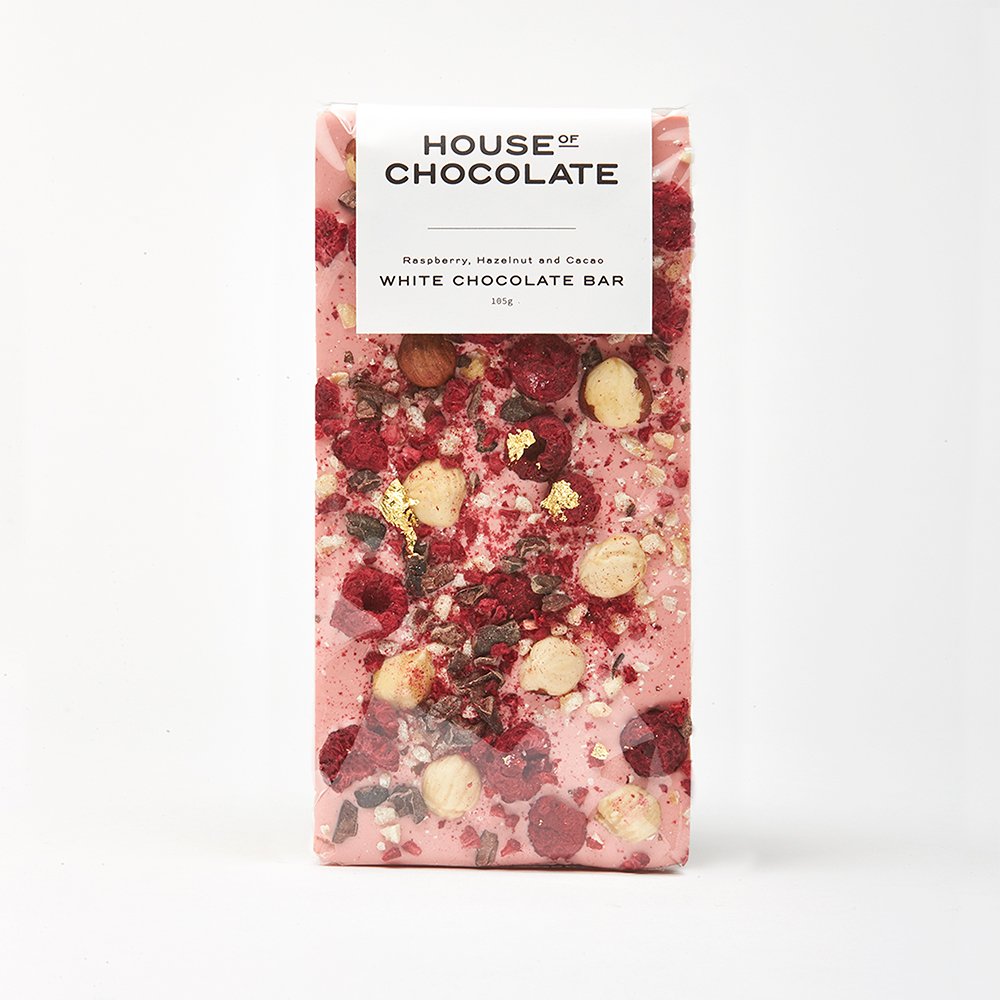 Raspberry, Hazelnut & Cacao Nib White Chocolate