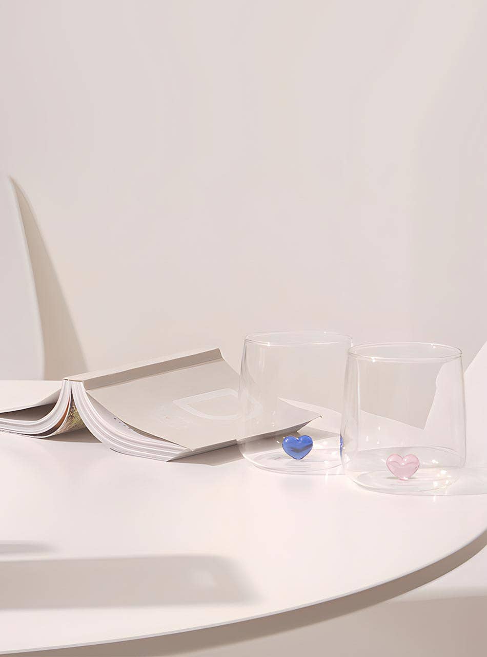 "L'amour" Heart Glass Cup – Tumbler with Heart Detail: Pink